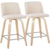 Toriano 24" Swivel Counter Stool Natural Wood & Cream Noise Fabric with Chrome Footrest (Set of 2)